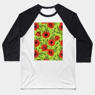 Poppies, red and green on lime green Baseball T-Shirt